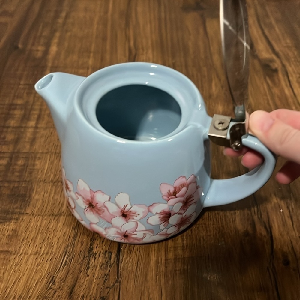 Alfred Ceramic and Stainless Steel Teapot 20 oz Blue Pink Floral Cherry Blossom - Picture 6 of 10
